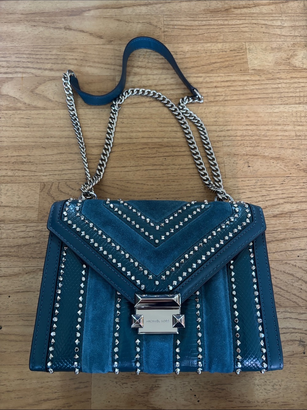 Michael Kora Teal and Studs Chain-Shoulder Crossbody Bag